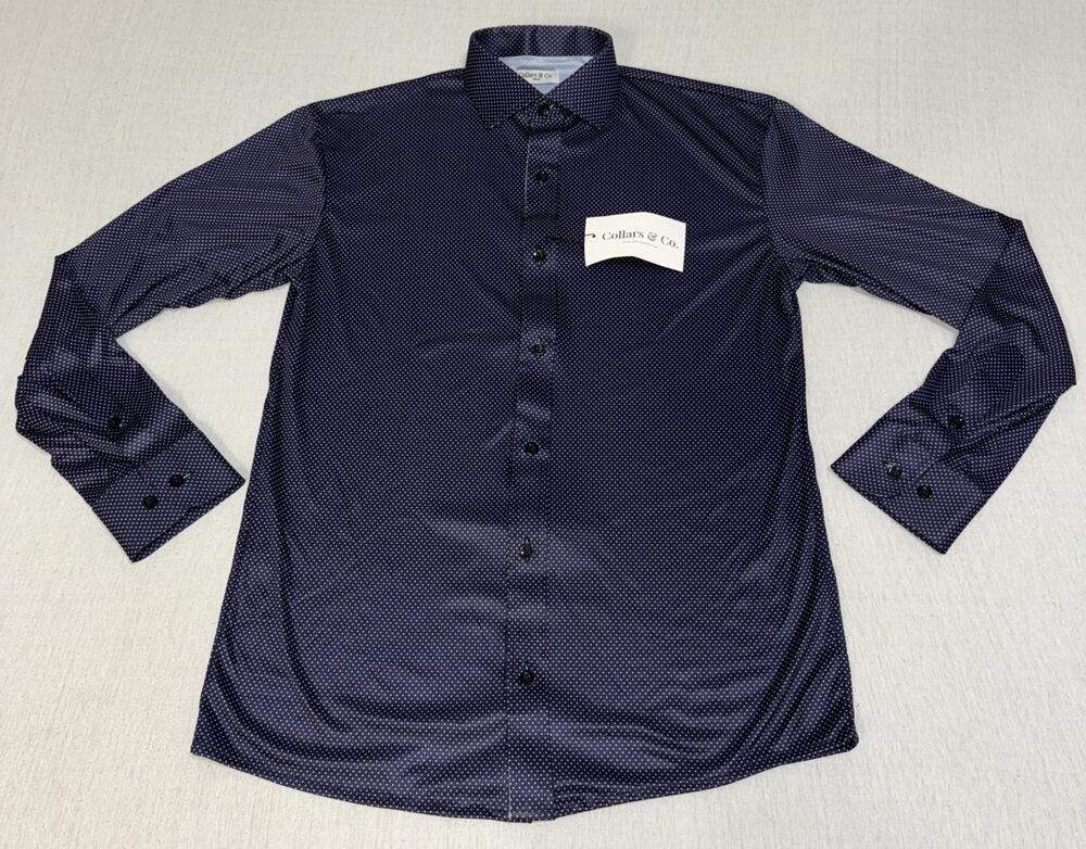 Collars & Co Men Small Navy Geometric AOP Long Sleeve Button Up Polo Shirt NWT